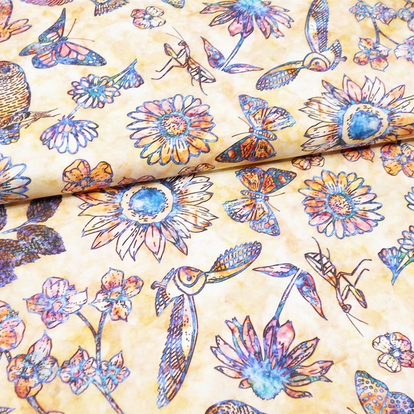 Fabric-Flora Luna Etched Images #5000/pink peach blue orange purple/digitally printed/batik/leaves bunny owl sunflower