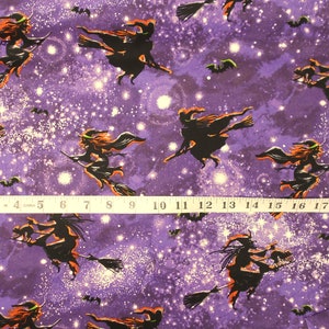 Fabric- #4881 Witches on Broomsticks Purple night sky stars/halloween/Fabric Traditions/fabric by the yard