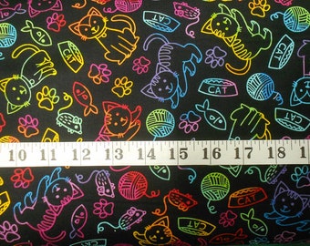 Fabric-1/2 or 1yd piece #4677 Rainbow Love My Cat Rainbow Doodle/Cats fish yarn paw prints mice/red orange blue purple green