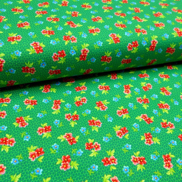 Fabric-1/2 or 1yd piece #5581- FLORAL CACHE- Spaced Floral on Green/red and blue flowers/Calico-small floral print/Quilting Treasures