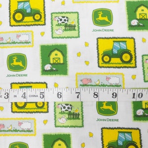 Fabric-#4553 John Deere Patch/white/Tractors/yellow green/farm animals cow chicken pig sheep/barn/fabric by the yard