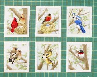 Birds in Tree Fabric Blocks-choose a bird, get a set of 6 the same/cardinal/robin/blue jay/cedar waxwing/evening or/red-breasted grosbeak