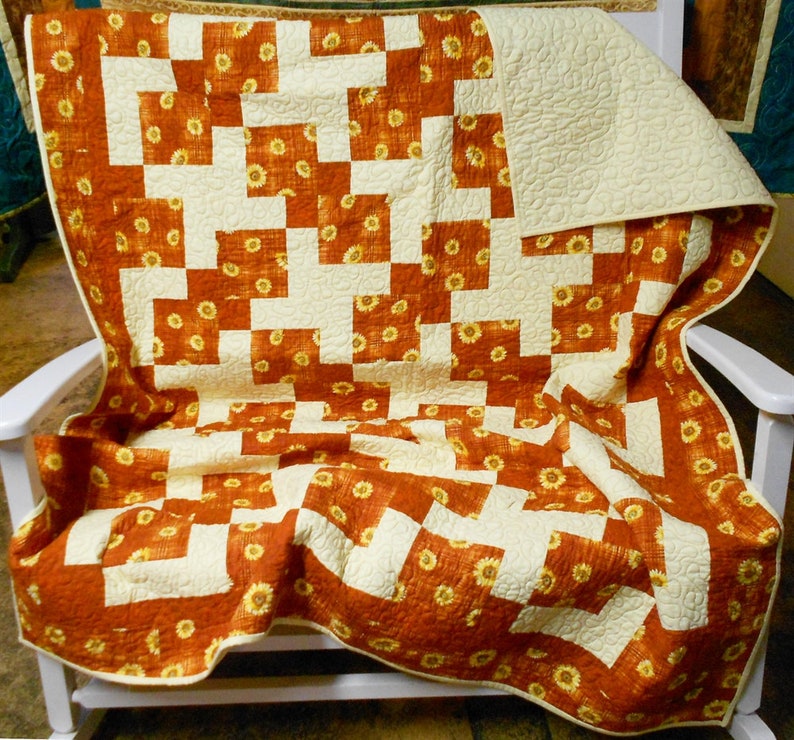 Rust/Orange Sunflower Lap Quilt approx. 55 x 71 solid pale yellow/butter/orange hatch sunflower print/fall/autumn floral 3894 image 1