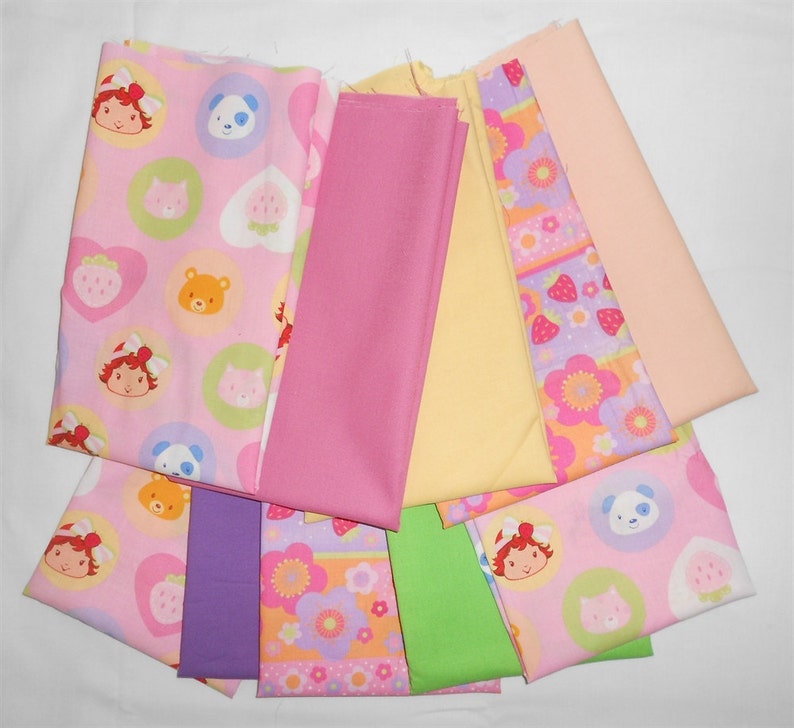 green purple flowers pink hearts yellow Baby Strawberry Shortcake Fabric 10pc Fat Quarter Bundle- Strawberry #O220 bears