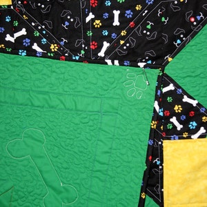Puppy Dogs & Bones Carpenter Star Baby/Toddler/Lap Quilt 55 x 55 green/blue/yellow/multi colored faces and bones, quilted paw print/bone image 4