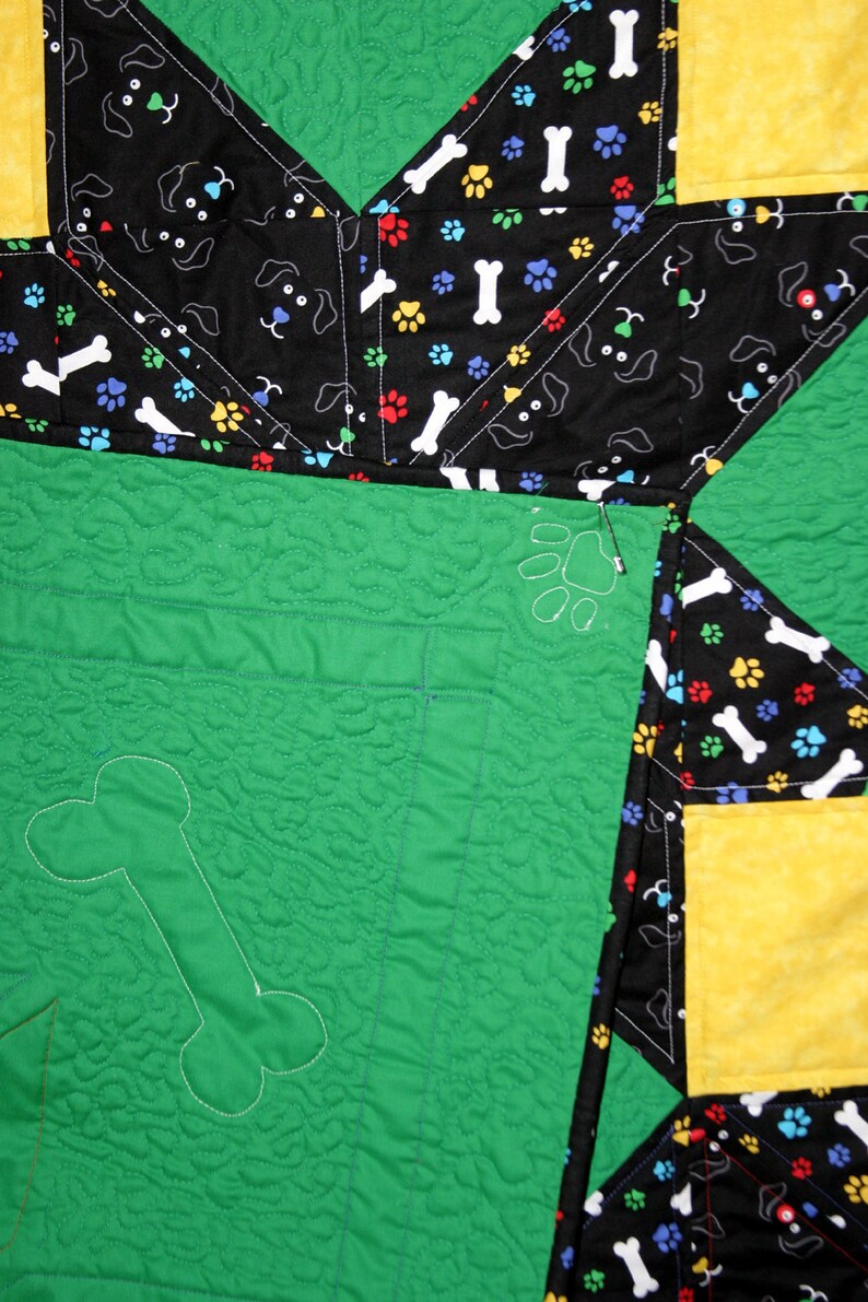 Puppy Dogs & Bones Carpenter Star Baby/Toddler/Lap Quilt 55 x 55 green/blue/yellow/multi colored faces and bones, quilted paw print/bone image 4