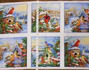 Songbirds Winter Fabric Panel #5576-6 block panel approx 24x43"/cardinal/blue bird/finch/chickadee/winter birdhouses/Elizabeth's Studio