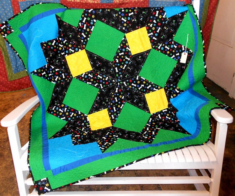 Puppy Dogs & Bones Carpenter Star Baby/Toddler/Lap Quilt 55 x 55 green/blue/yellow/multi colored faces and bones, quilted paw print/bone image 1