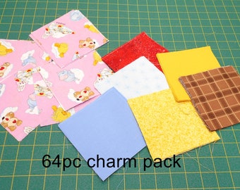 Fabric-Suzy Zoo 64PC CHARM PACK/5"x5" squares #3730 Baby Duck/Ducky/Elephant/Teddy Bear/Bedtime/Love Hearts/Bunny/Blanket/Clouds