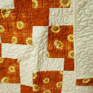 Rust/Orange Sunflower Lap Quilt approx. 55 x 71 solid pale yellow/butter/orange hatch sunflower print/fall/autumn floral 3894 image 2