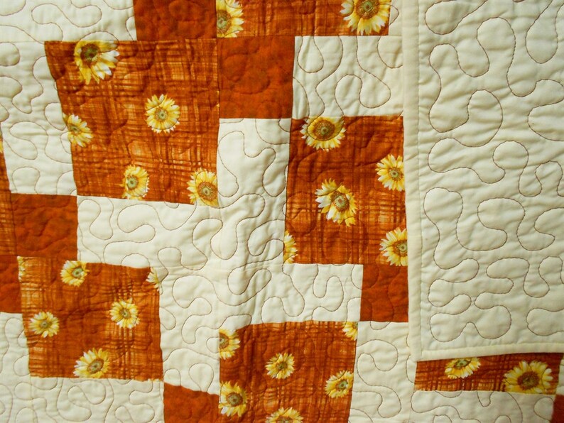 Rust/Orange Sunflower Lap Quilt approx. 55 x 71 solid pale yellow/butter/orange hatch sunflower print/fall/autumn floral 3894 image 2