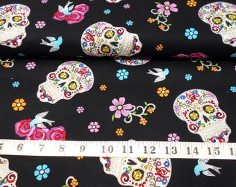 Fabric-1/2 or 1yd piece #4878 Day of the Dead Skulls/Roses Birds/Glitter/Sugar Skulls/Mardi Gras Skulls/David Textiles/fabric by the yard