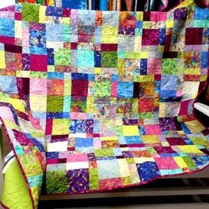 Valencia & Tonga Treats Mix Up Lap Quilt approx 59x59" bright scrappy/batiks/pink green blue cream orange rainbow flowers dots dragonflies