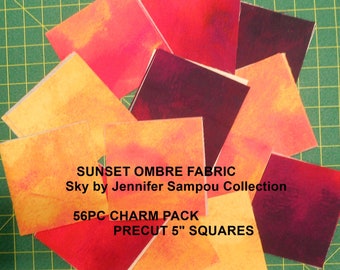 Fabric-56pc Sunset Ombre Charm Pack #4736/Sky by Jennifer Sampou Collection/Precut 5" squares/orange pink purple sky blender/digital print