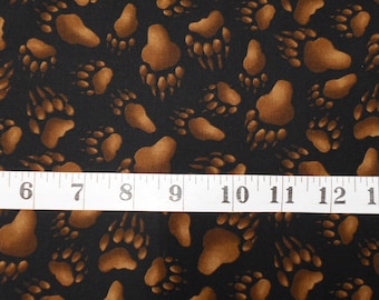 Fabric-1/2 or 1yd piece #5025 Bear Paw Prints/dirt brown prints on black/Elizabeth's Studio