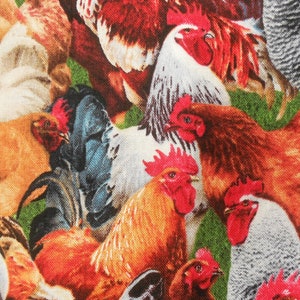 May include: A colourful fabric featuring a close-up pattern of roosters and hens. The fabric features a variety of colours, including red, orange, yellow, brown, white and black.