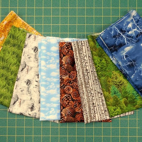 Nature Fabric-8pc Fat Quarter Bundle (b459)/cotton/golden birch/packed birch/birch bark/pine cones/pine trees/grass/lightning/sky