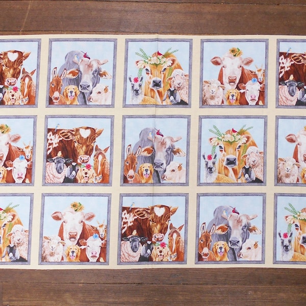 Fabric-Happy Farm Animal Panel #5443 approx. 23x43"/15 block panel/cow sheep goat llama donkey dog flowers sunflower/Elizabeth's Studio