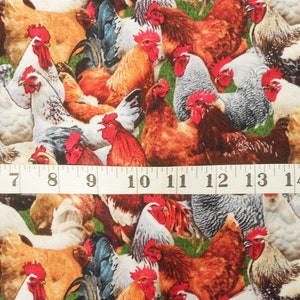 May include: A colourful fabric featuring a repeating pattern of roosters and hens. The fabric is a close-up of a variety of chickens in different colours and patterns.