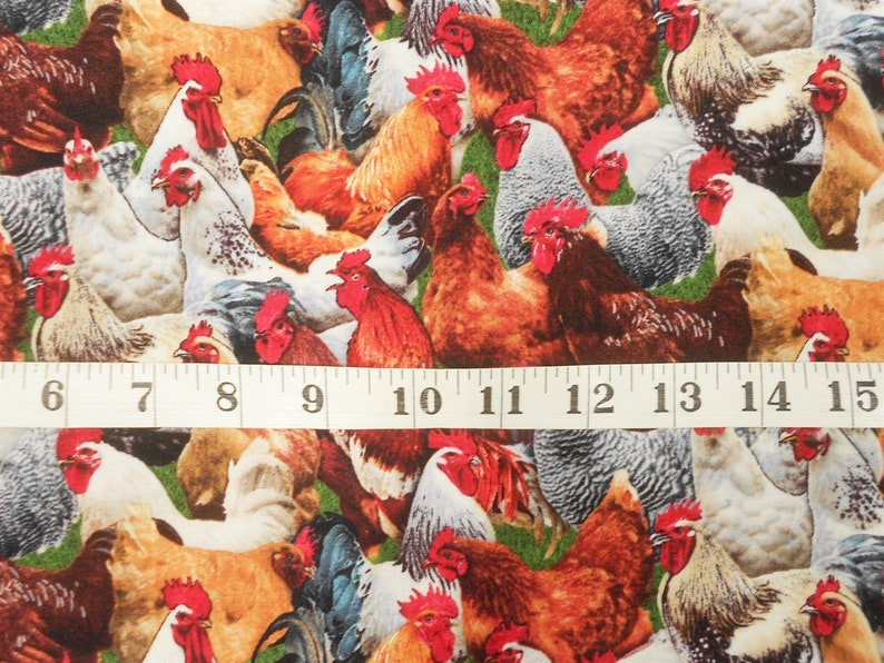May include: A colourful fabric featuring a repeating pattern of roosters and hens. The fabric is a close-up of a variety of chickens in different colours and patterns.