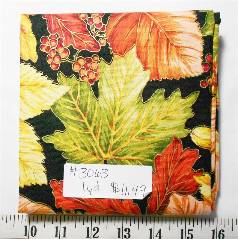 1yd piece- Harvest BreezeLargePackedFall leavesmetallicAcornsPineconesbrowngreenredrustorangepeach Red Rooster Fabric #3063