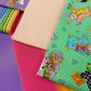 Fabric-6pc. Fat Quarter Bundle Bedtime/Nightie/rainbow/pink/blue/yellow/green/bedtime blanket/bunnies/bears/cats/dogs/frogs/books b393 image 3