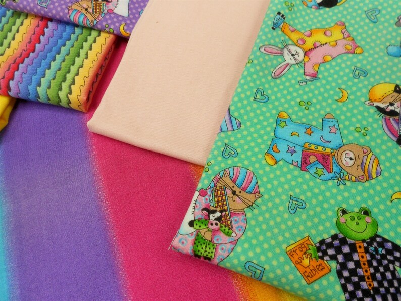 Fabric-6pc. Fat Quarter Bundle Bedtime/Nightie/rainbow/pink/blue/yellow/green/bedtime blanket/bunnies/bears/cats/dogs/frogs/books b393 image 3