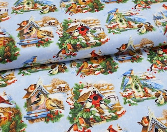 Songbirds Snow Winter Scenic Fabric 1/2 or 1yd  #5577/cardinal/blue bird/finch/chickadee/winter birdhouses/Elizabeth's Studio