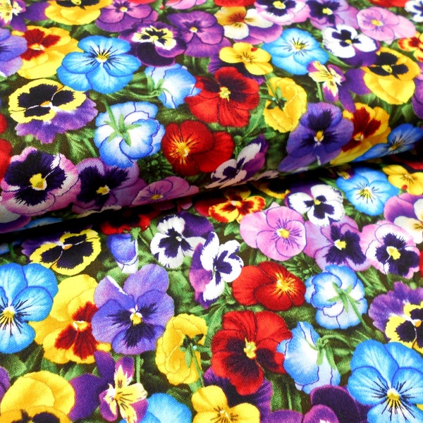 Fabric-1/2 or 1 yard piece #3223-Packed Multi Pansies/Pansy/purple/red/blue/white/yellow/Elizabeth's Studio