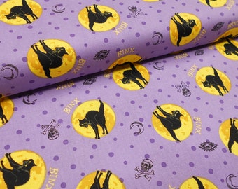 Fabric-1/2 or 1 yard #5205 BINX black cat/Disney Hocus Pocus/purple polka dot/yellow moon/skull cross bones/Springs Creative