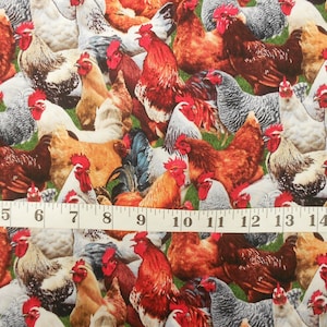 May include: A colourful fabric featuring a repeating pattern of roosters and hens. The fabric is a mix of brown, white, red, and black colours. The fabric is measured with a tape measure.