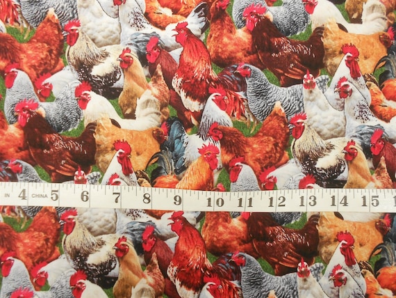 Fabric-#4694 Packed Chickens/Multi Colored/Orange Red White Black Brown/Elizabeth's Studio/Farm Animals
