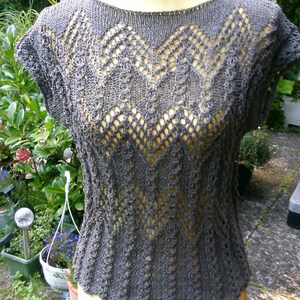 Knitted top, openwork relief pattern, taupe, top, shirt, transparent, handmade, sexy, size 36-38 S, UK 10-12, US 8-10, image 1