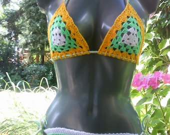 Crochet bikini, Granny style, size 38-40 (M-L), yellow-green-white