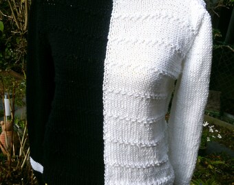 Strick-Pullover, schwarz/weiss mit Stehkragen, Pullover, Handarbeit, Gr. 38-40 (S-M), UK 12-14, US 10-12