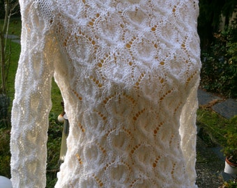 White knitted sweater, leaf pattern, size 36-38, S, UK 10-12, US 8-10