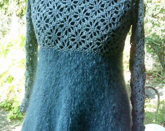 Tunic with crochet top, dich grey, sequins + mohair wool, size 40-42, M, UK 12-14.US 10-12