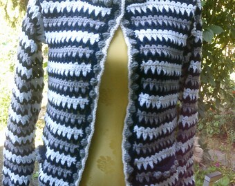 Crochet jacket, dkl.-blue-gray-white, size 36-38, S, UK 10-12, US 8-10