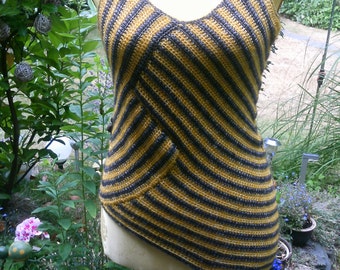 Asymmetrick-crochet-Top, gold-black, S, UK 10-12, US 8-10