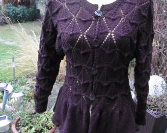 Jacket, ajour knit jacket, dark brown, handmade, cardigan, size. 36-38 (S), UK 10-12, US 8-10