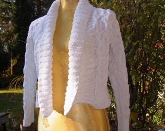 Knit short jacket white, size 36-38, texture pattern, S, UK 10-12, US 8-10