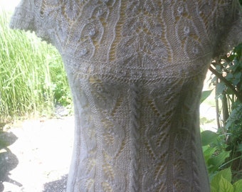 Knit midi dress, leaf pattern, gray pearl, size. 36-38, S, UK 10-12, US 8-10