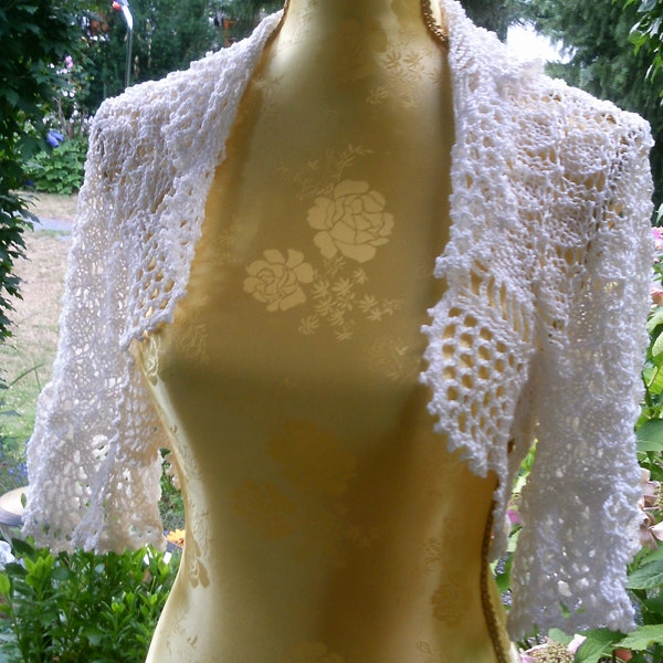 Boléro tricoté blanc avec volant au crochet, taille 36-38,S, UK 10-12, US 8-10