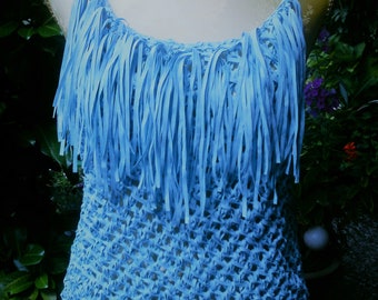 Knit top, leather imitation wool, with fringes, light blue/green, size. 36-38-40, S-M, UK 10-12-14, US 8-10-12