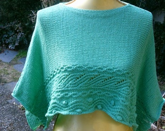 Knit cape light green, with hem border, size. 36-38, S, UK 10-12, US 8-10