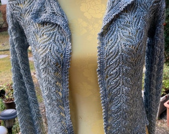 Cardigan, light blue and silver, ajour pattern, size 36-38, S, US 8-10, UK 10-12