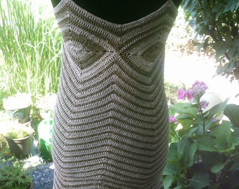 Crochet dress with grannys, light brown/golden beige, size. 40/42, M, UK 14-16, US 12-14
