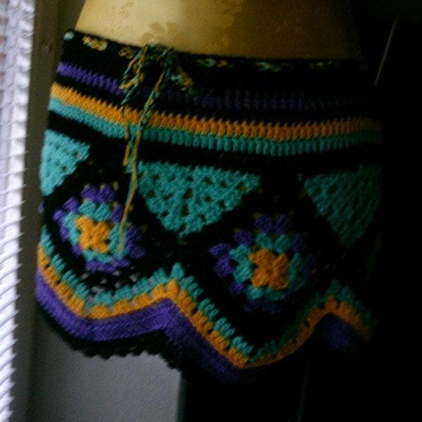 Crochet Granny Mini Skirt, Black-Blue-Yellow-Purple, Size 36-38,S,UK 10-12, US 8-10