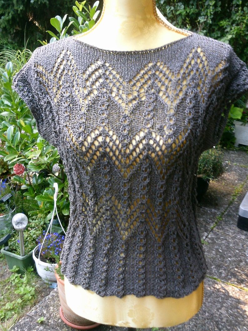 Knitted top, openwork relief pattern, taupe, top, shirt, transparent, handmade, sexy, size 36-38 S, UK 10-12, US 8-10, image 1