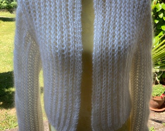 Cardigan, white, handmade, bridal, coarse knit, oversized, chunky with mohair, wide arms with braids